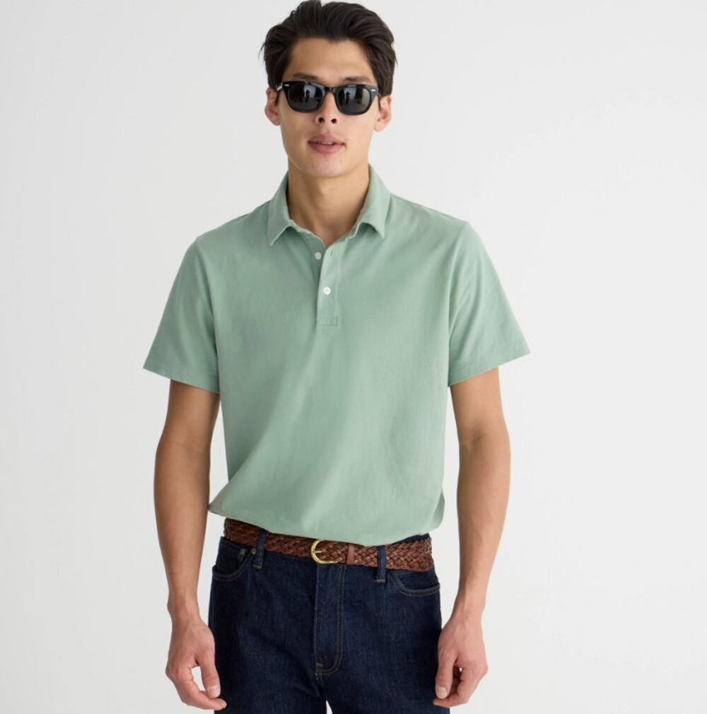 J.Crew Sueded Jersey Cotton Polo Shirt Mens M Tall Green Short Sleeve Pullover